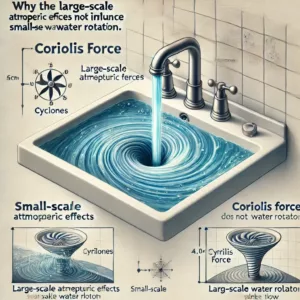 Illustration d’un lavabo avec de l’eau en spirale et un schéma expliquant l’influence de la force de Coriolis.