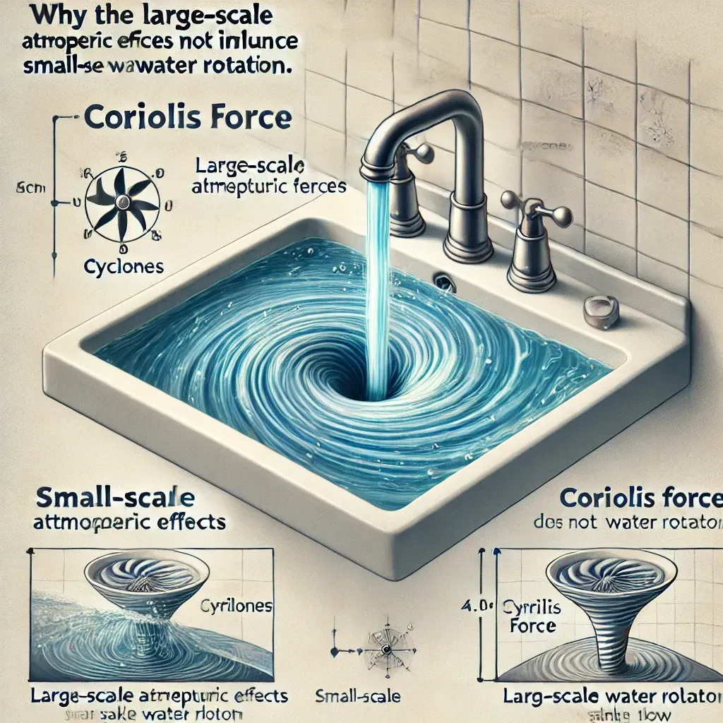 Illustration d’un lavabo avec de l’eau en spirale et un schéma expliquant l’influence de la force de Coriolis.