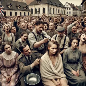 Femme humiliée publiquement lors d’une tonte après la Seconde Guerre mondiale, entourée par une foule en colère.