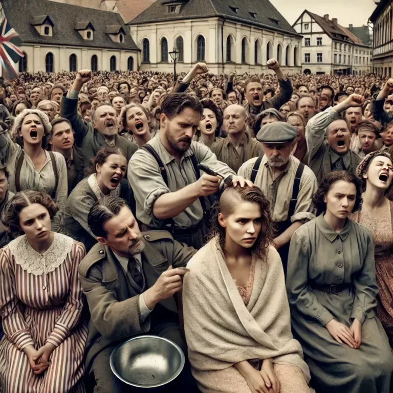 Femme humiliée publiquement lors d’une tonte après la Seconde Guerre mondiale, entourée par une foule en colère.
