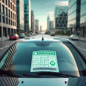 Vue rapprochée d’un pare-brise de voiture sans vignette d’assurance ni contrôle technique, reflétant le ciel et une rue moderne en arrière-plan.