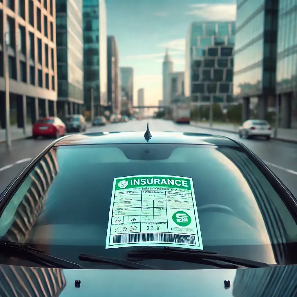 Vue rapprochée d’un pare-brise de voiture sans vignette d’assurance ni contrôle technique, reflétant le ciel et une rue moderne en arrière-plan.