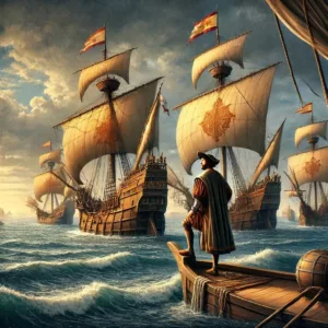 Christophe Colomb naviguant avec ses navires sur l’océan Atlantique.