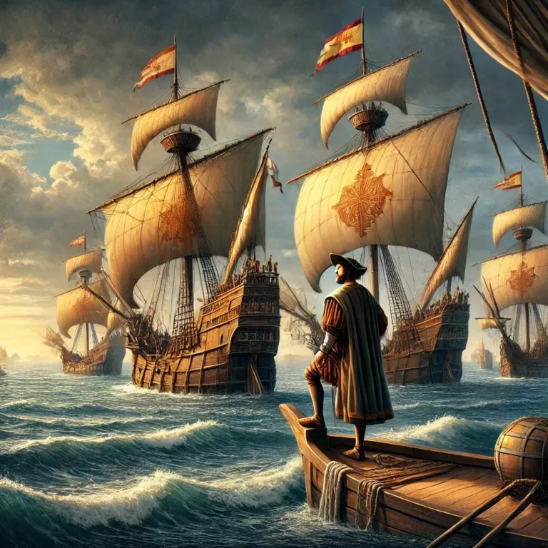 Christophe Colomb naviguant avec ses navires sur l’océan Atlantique.