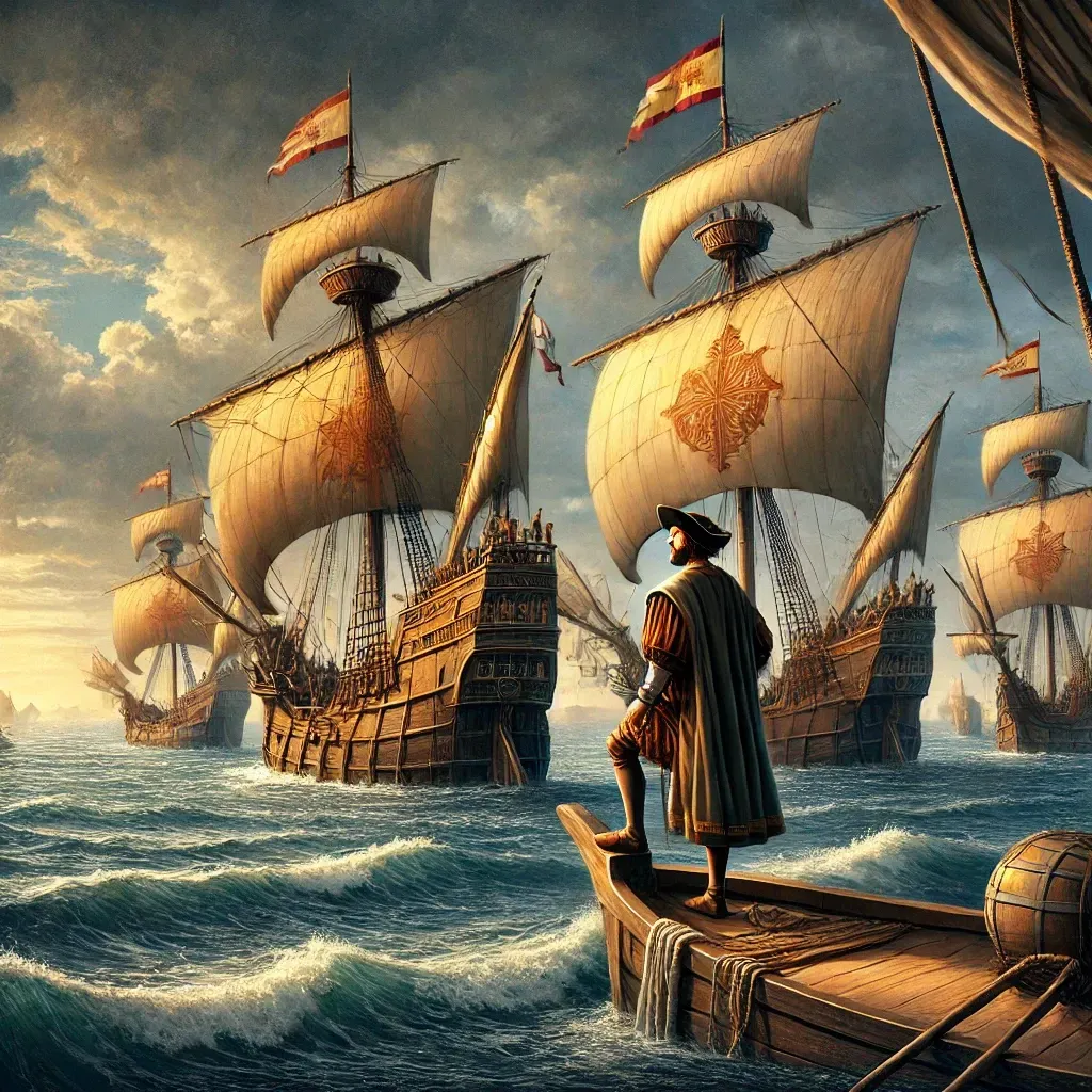 Christophe Colomb naviguant avec ses navires sur l’océan Atlantique.