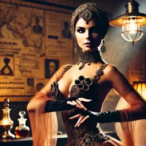 Femme mystérieuse en costume exotique, dansant dans une ambiance vintage du début du XXe siècle, évoquant l’espionnage.