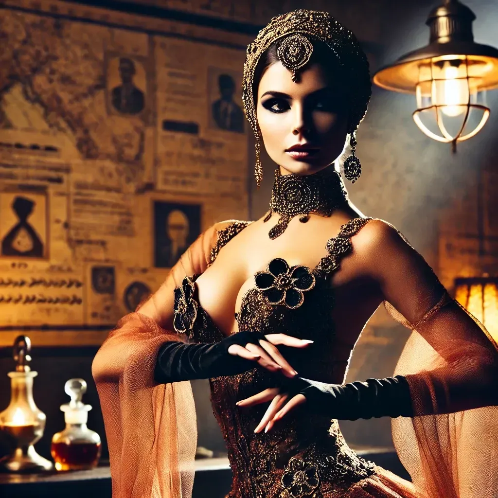 Femme mystérieuse en costume exotique, dansant dans une ambiance vintage du début du XXe siècle, évoquant l’espionnage.