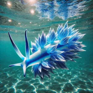 Un dragon bleu des mers (Glaucus atlanticus) flottant à la surface de l’océan, avec ses couleurs éclatantes bleu et argent et ses cérates délicatement déployés.