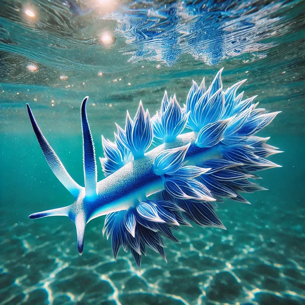 Un dragon bleu des mers (Glaucus atlanticus) flottant à la surface de l’océan, avec ses couleurs éclatantes bleu et argent et ses cérates délicatement déployés.