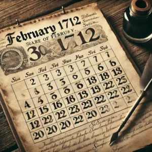 Une page de calendrier historique de février 1712 en Suède, affichant un 30 février unique. L’aspect vieilli du papier et l’écriture manuscrite renforcent l’authenticité de cette anomalie temporelle.