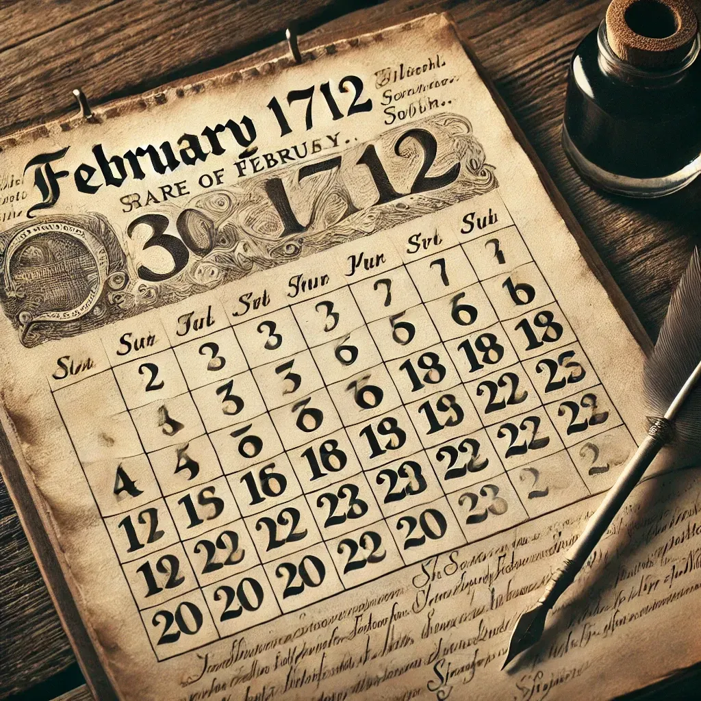 Une page de calendrier historique de février 1712 en Suède, affichant un 30 février unique. L’aspect vieilli du papier et l’écriture manuscrite renforcent l’authenticité de cette anomalie temporelle.