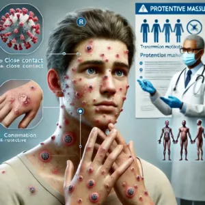 Illustration réaliste d'une personne présentant des symptômes de la Mpox, avec des lésions cutanées visibles sur le visage et les mains. Un médecin en arrière-plan porte des gants et explique les mesures de prévention.