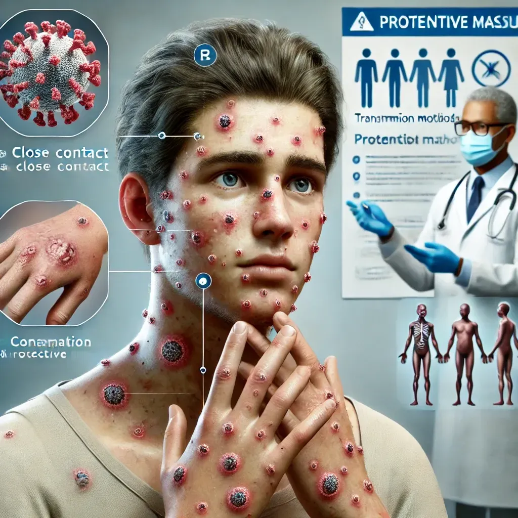 Illustration réaliste d'une personne présentant des symptômes de la Mpox, avec des lésions cutanées visibles sur le visage et les mains. Un médecin en arrière-plan porte des gants et explique les mesures de prévention.