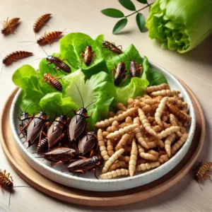 Assiette d’insectes comestibles avec grillons et vers de farine accompagnés d’une salade.