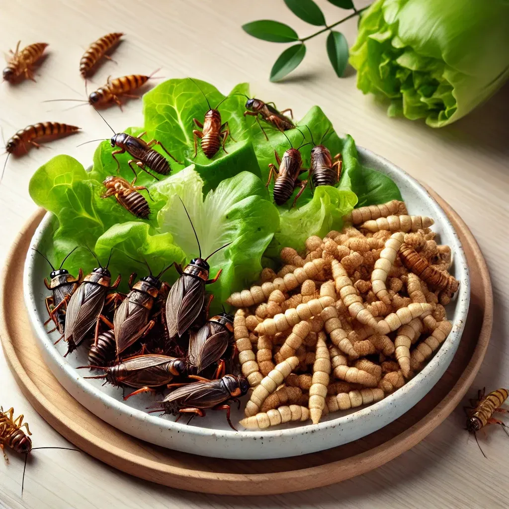 Assiette d’insectes comestibles avec grillons et vers de farine accompagnés d’une salade.