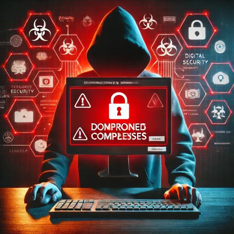 Alerte cybersécurité affichée sur un écran avec un message indiquant "Données compromises", entouré d’icônes de protection numérique.