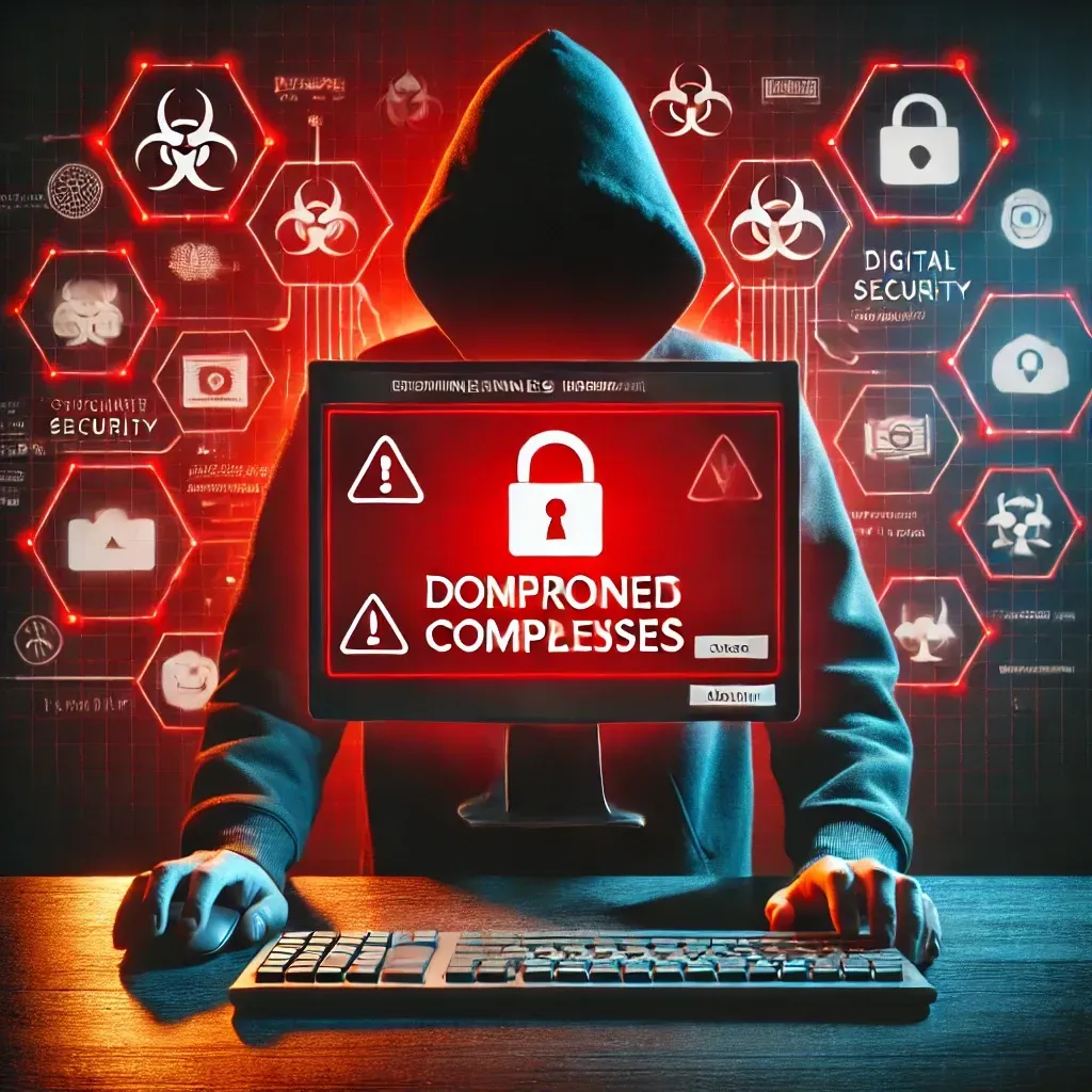 Alerte cybersécurité affichée sur un écran avec un message indiquant "Données compromises", entouré d’icônes de protection numérique.