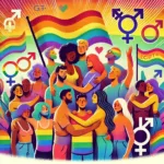 Illustration colorée représentant la diversité queer, avec des personnes de différentes expressions de genre et orientations célébrant leur identité.