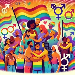 Illustration colorée représentant la diversité queer, avec des personnes de différentes expressions de genre et orientations célébrant leur identité.
