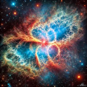 Vue spectaculaire de la nébuleuse du Crabe, vestige de la supernova de 1054, avec des filaments lumineux colorés.