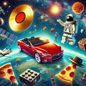 Illustration artistique d'objets insolites flottant en orbite, symbolisant l'exploration spatiale et la créativité humaine.