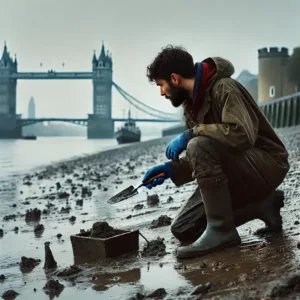 Une personne pratiquant le mudlarking sur les berges de la Tamise à Londres, fouillant la boue à la recherche d’artefacts historiques.