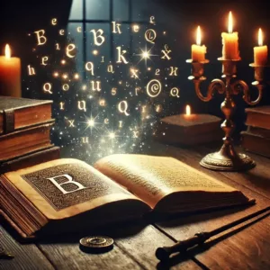 Un vieux grimoire magique ouvert sur une table en bois, avec des lettres lumineuses s'élevant des pages, formant des incantations mystiques dans l'air.