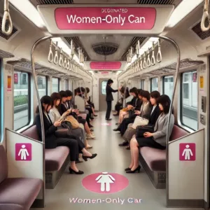 Intérieur d'un wagon réservé aux femmes dans un train japonais, avec des panneaux roses et des passagères à bord.