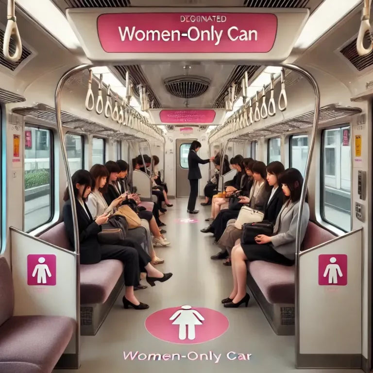 Intérieur d'un wagon réservé aux femmes dans un train japonais, avec des panneaux roses et des passagères à bord.