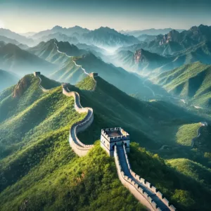 Vue aérienne de la Grande Muraille de Chine à travers des montagnes verdoyantes.