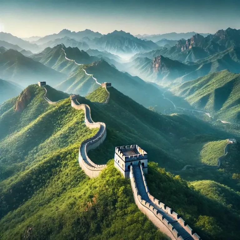 Vue aérienne de la Grande Muraille de Chine à travers des montagnes verdoyantes.