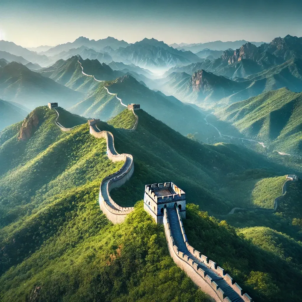Vue aérienne de la Grande Muraille de Chine à travers des montagnes verdoyantes.