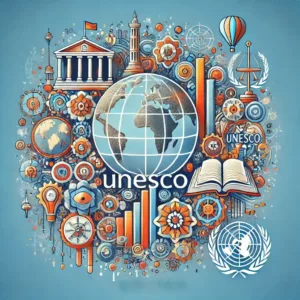 Illustration symbolique de l’UNESCO avec une carte du monde, des monuments culturels, des livres et des symboles scientifiques.