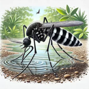 Gros plan sur un moustique tigre (Aedes albopictus), reconnaissable à son corps noir et ses rayures blanches. Il est posé près d'une flaque d'eau stagnante, avec un fond flou de jardin verdoyant.