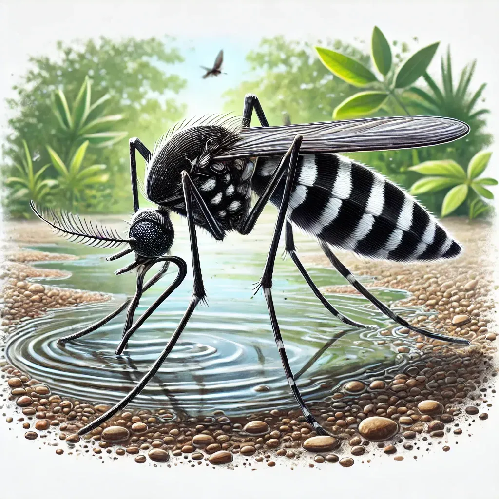 Gros plan sur un moustique tigre (Aedes albopictus), reconnaissable à son corps noir et ses rayures blanches. Il est posé près d'une flaque d'eau stagnante, avec un fond flou de jardin verdoyant.