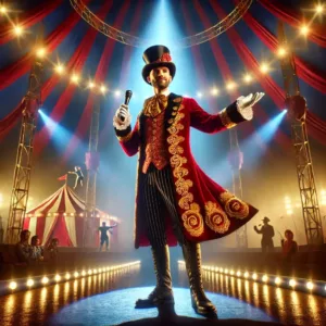 Un maître de cérémonie de cirque en habit rouge et or, tenant un micro et présentant un spectacle sous un chapiteau.