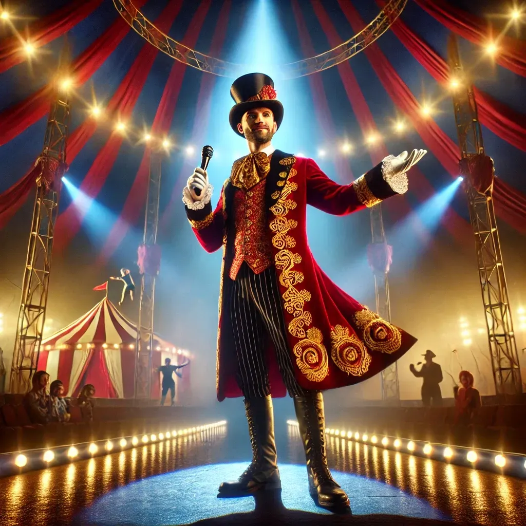 Un maître de cérémonie de cirque en habit rouge et or, tenant un micro et présentant un spectacle sous un chapiteau.