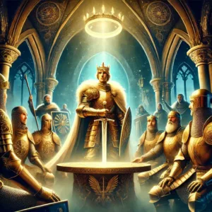 Illustration du roi Arthur et ses chevaliers dans Camelot
