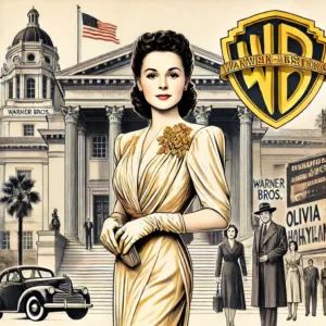 Olivia de Havilland devant un tribunal hollywoodien, symbolisant son combat pour les droits des acteurs.