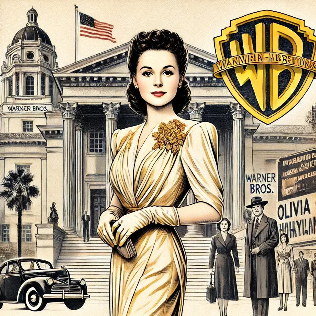 Olivia de Havilland devant un tribunal hollywoodien, symbolisant son combat pour les droits des acteurs.