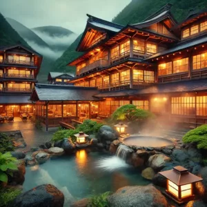 Auberge Nishiyama Onsen Keiunkan, un ryokan japonais traditionnel entouré de montagnes, avec un bain thermal extérieur et une ambiance paisible.