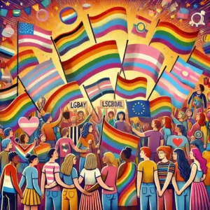 Illustration colorée représentant la diversité des identités LGBTQ+, avec des personnes de différentes expressions de genre célébrant ensemble.
