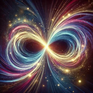 Un vortex énergétique représentant une boucle temporelle infinie, illustrant le paradoxe du bootstrap sans objet physique.