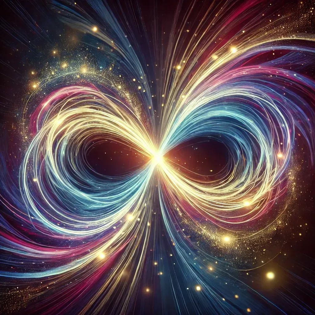 Un vortex énergétique représentant une boucle temporelle infinie, illustrant le paradoxe du bootstrap sans objet physique.