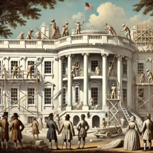 Illustration historique de la Maison-Blanche en 1798, montrant des ouvriers appliquant un badigeon de chaux blanche sur sa structure en grès.