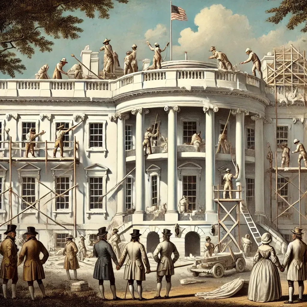 Illustration historique de la Maison-Blanche en 1798, montrant des ouvriers appliquant un badigeon de chaux blanche sur sa structure en grès.