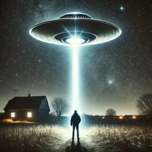 Un OVNI flotte au-dessus d’un paysage rural nocturne, projetant un faisceau lumineux sur le sol, avec un témoin observant la scène.