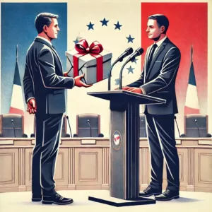 Un politicien en costume reçoit un cadeau emballé d’un autre officiel dans un cadre institutionnel, avec un drapeau français en arrière-plan.