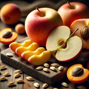 Pommes coupées avec pépins visibles et noyaux d’abricots et de pêches sur une table en bois.