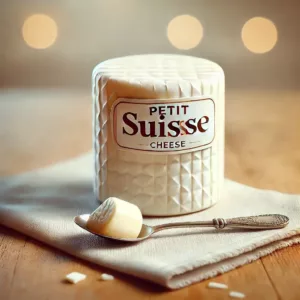 Petit Suisse crémeux présenté dans son emballage traditionnel avec une cuillère.